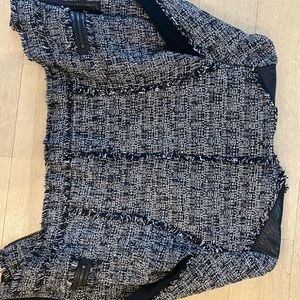 Rebecca Taylor boucle/ tweed fringe jacket with faux leather trim at shoulders